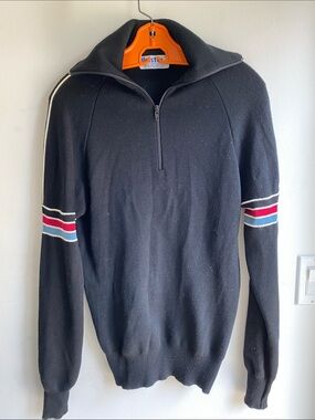 Vtg 70’s Men’s Meister Wool Ski Sweater Hong King Made S/M 1/2 Zip Black